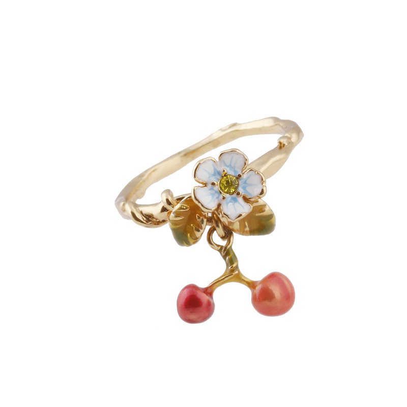 Pink Blue Flower On Branch And Crystal Enamel Stud Earrings