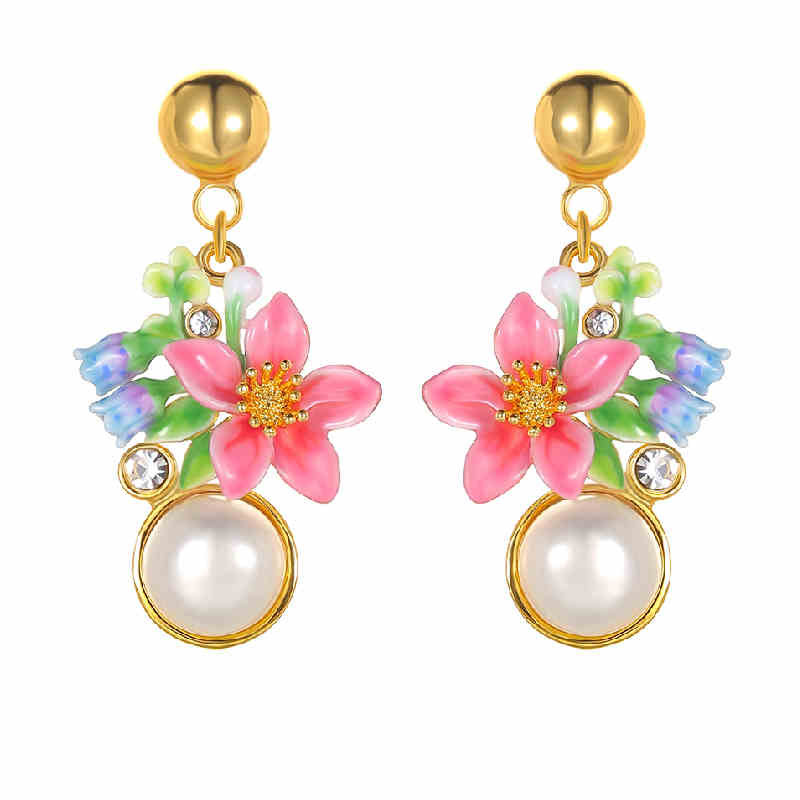 Pink Red Flower And Stone Enamel Stud Earrings