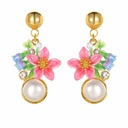 Pink Red Flower And Stone Enamel Stud Earrings
