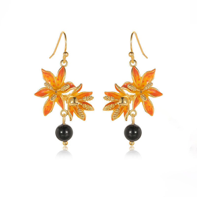 Orange Blossom Flower With Black Agate Enamel Hook Earrings