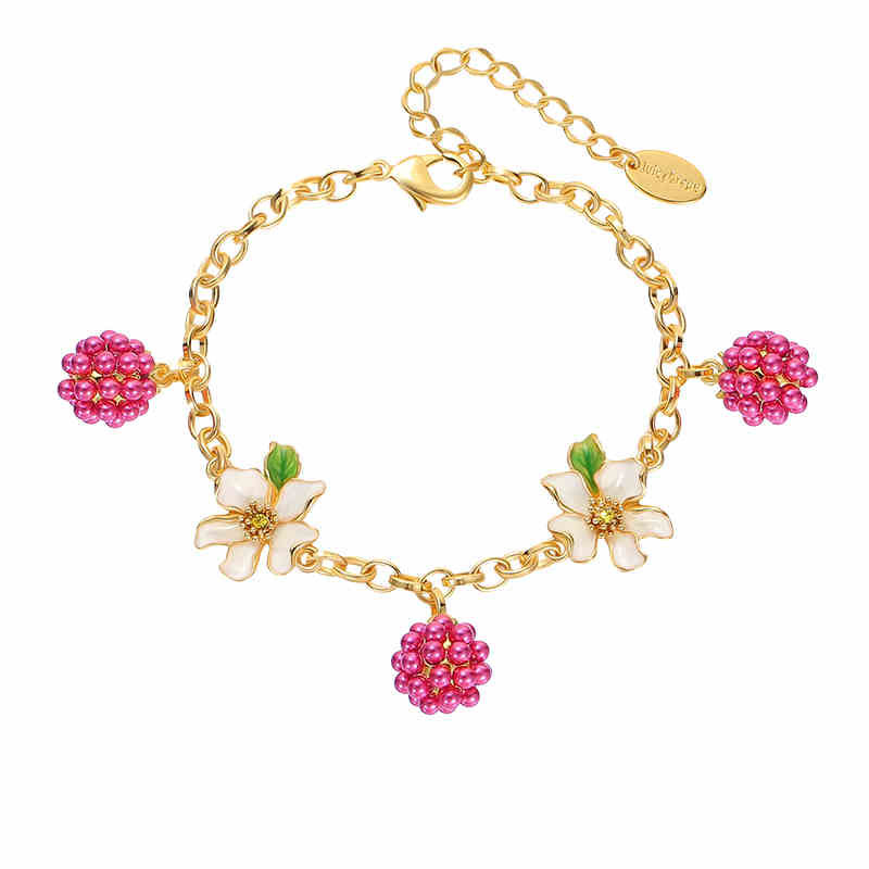 Flower With Raspberry Enamel Charm Chain Bracelet