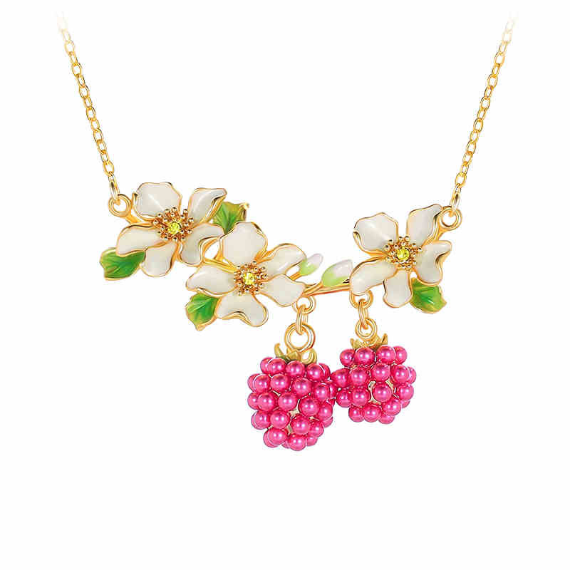 Flower Branch With Raspberry Enamel Pendant Necklace