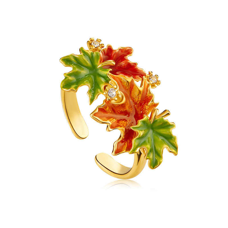 Maple Leaf And Zircon Enamel Adjustable Ring