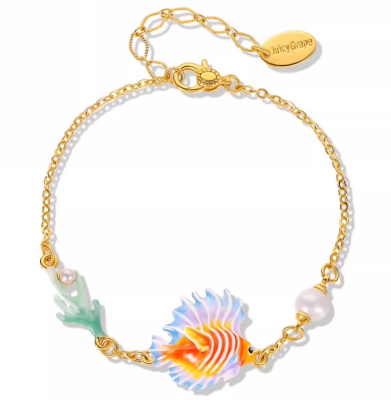 Fish Coral And Pearl Enamel Thin Chain Bracelet