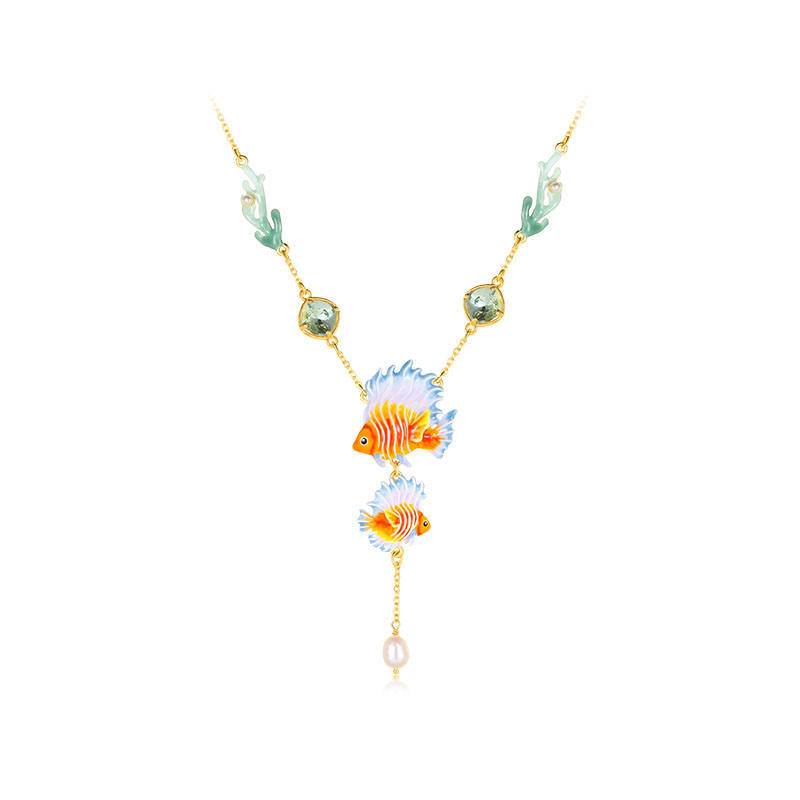 Fish Coral And Pearl Enamel Pendant Necklace