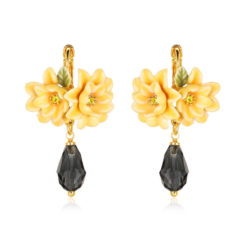 Yellow Flower Cardenia Crystal Drop Enamel Hook Earrings Jewelry Gift