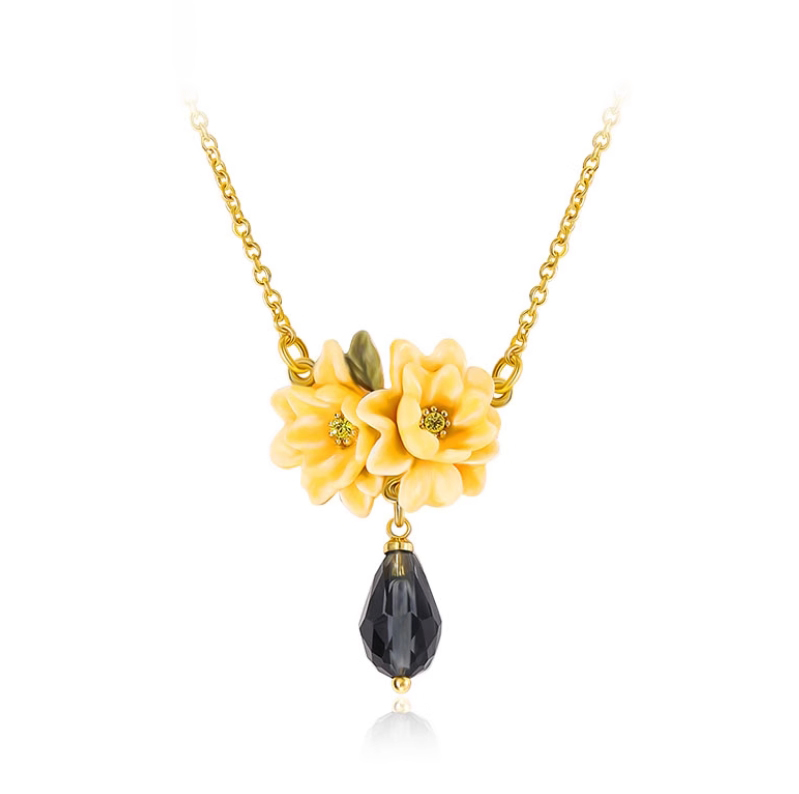 Yellow Flower Cardenia Crystal Drop Enamel Pendant Necklace Jewelry Gift