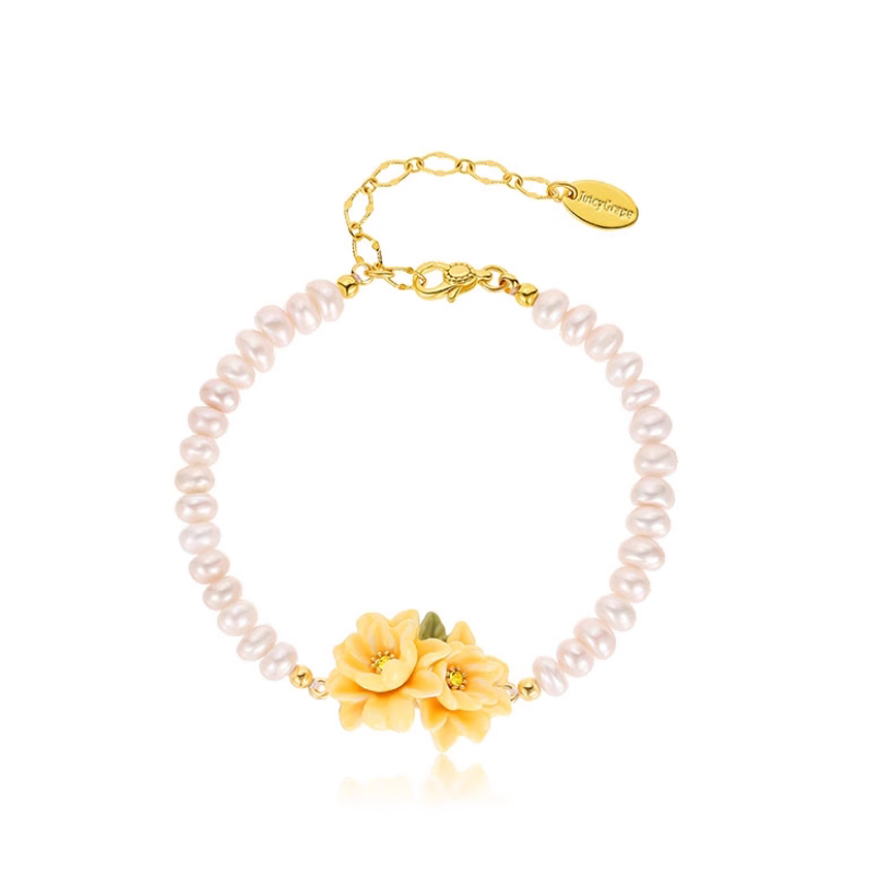 Yellow Flower Cardenia Pearl Enamel Strand BraceletAdjustable Ring Jewelry Gift