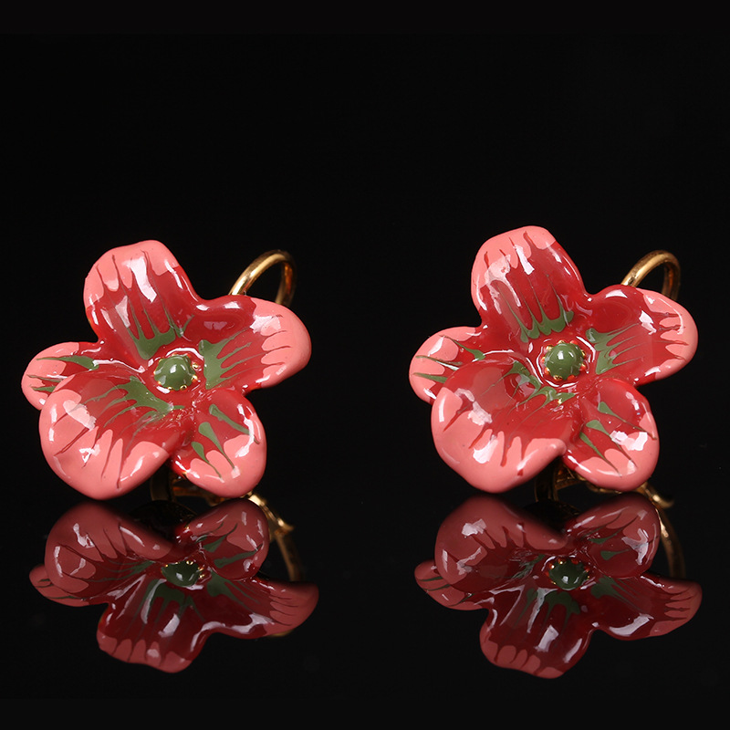 Enamel Glazed Flower Earrings 925 Silver Needle Gold Plated