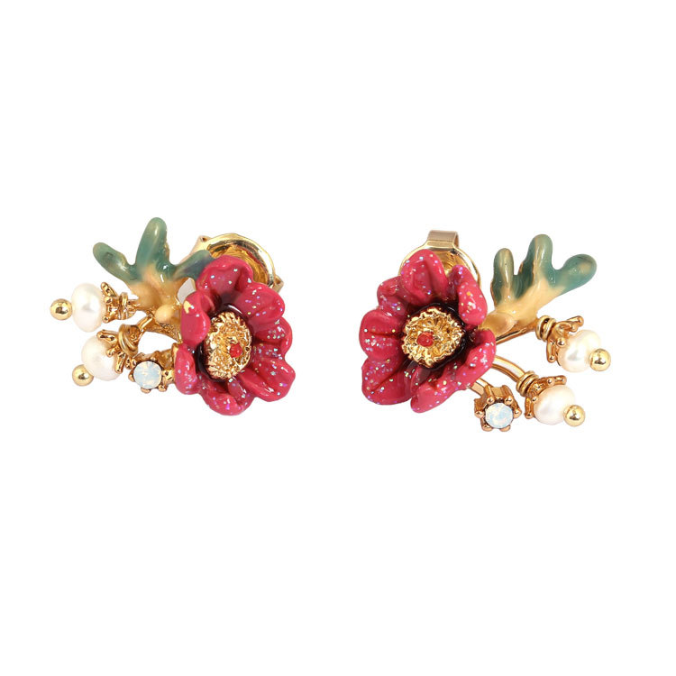 Flower And Pearl Enamel Stud Earrings