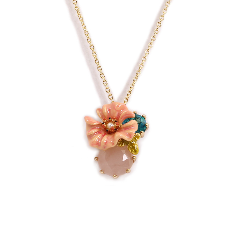 Purple Peony Flower And Zircon Enamel Pendant Necklace