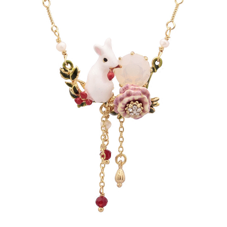 Rabbit on Rose Flower Pendant Enamel Necklace