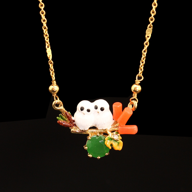 Flower And Bird Pendant Enamel Necklace