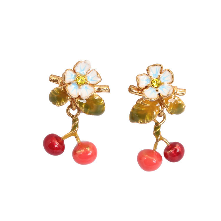 Flower And Cherry Enamel Stud Earrings