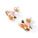 Pink Peach Flower And Crystal Enamel Stud Earrings