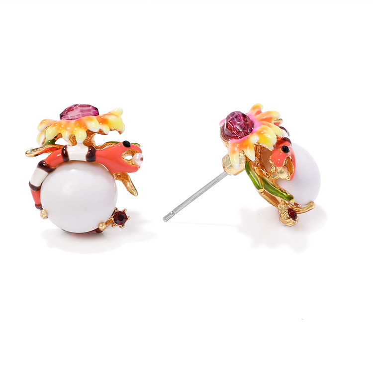 Hand Painted Enamel Glazed Couple Rabbit Balloon Inlaid Gem Earrings