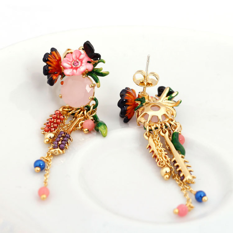 Pink Flower and Stone Tassel Enamel Earrings