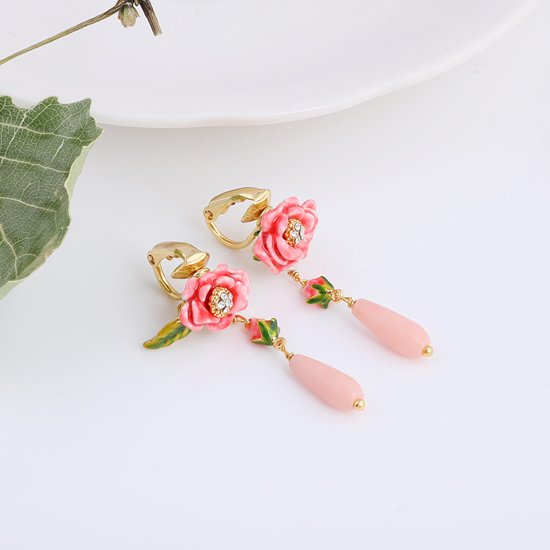 Hand Painted Enamel Glazed Peach Blossom Flower Natural Pearl Earrings