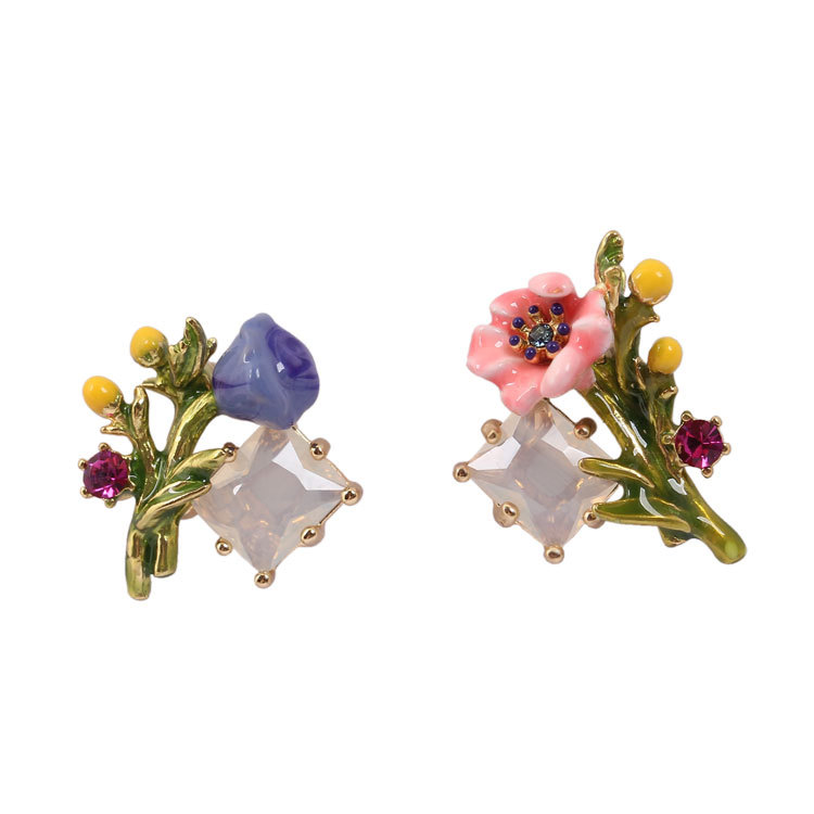 Pink Blue Flower On Branch And Crystal Enamel Stud Earrings