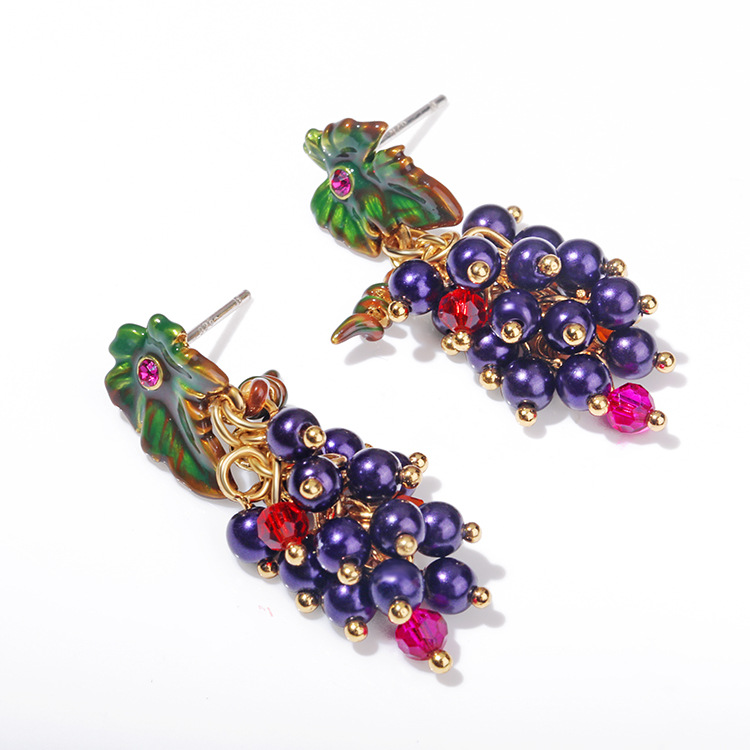 Grapes and Small Leaf Enamel Earrings