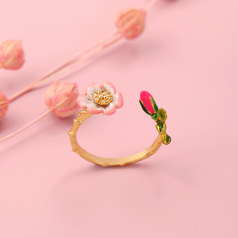 Pink Peony Apricot Flower Butterfly And Crystal Enamel Stud Earrings Jewelry Gift