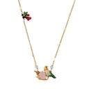Hummingbird Green Bird And Stone Cherry Enamel Pendant Necklace Jewelry Gift