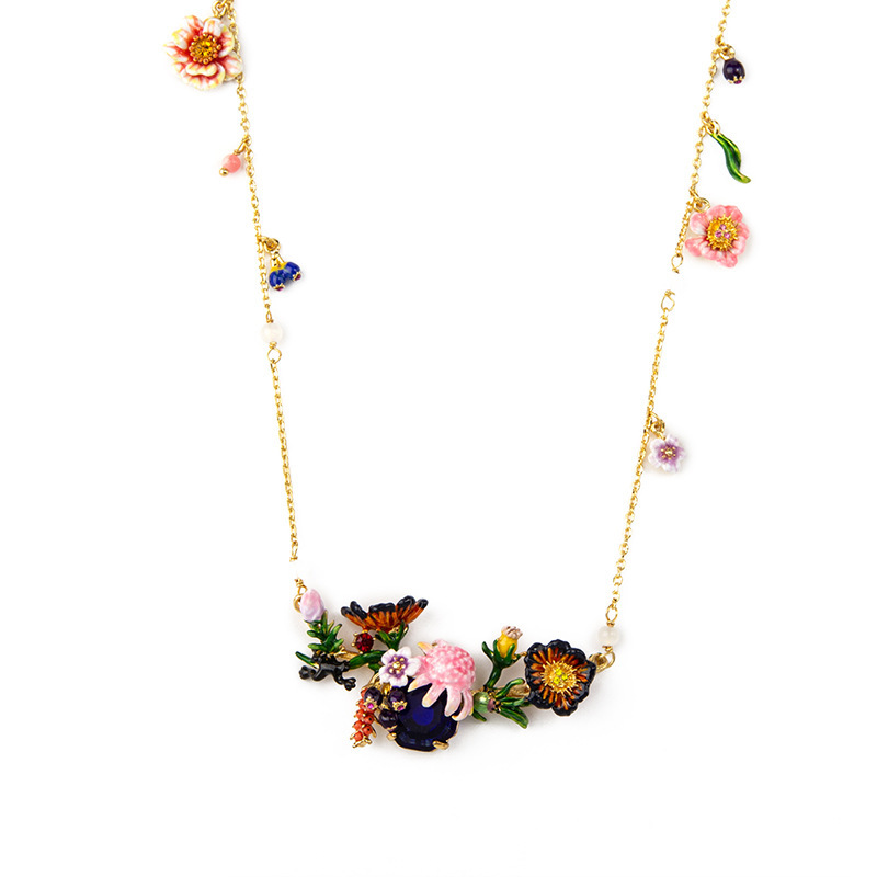 Flower And Stone Enamel Pendant Necklace