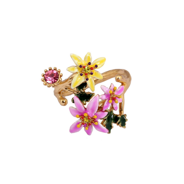 Lily Flower and Leaves Enamel Adjustable Ring