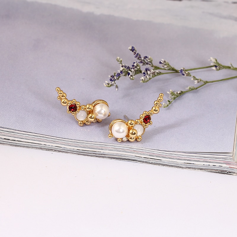 Bubble Pearl Crystal Enamel Gold Plated Stud Earrings Jewelry Gift