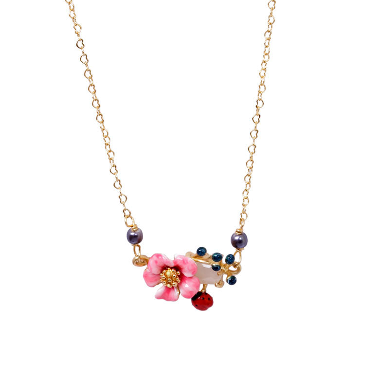 Pink Flower And Stone Pendant Enamel Necklace