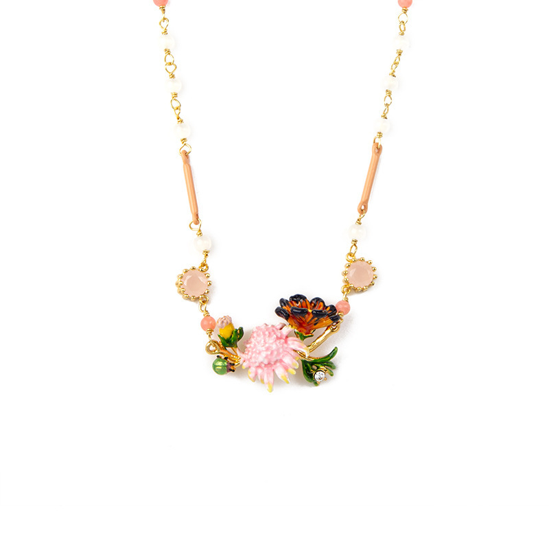 Pink Flower And Stone Enamel Necklace