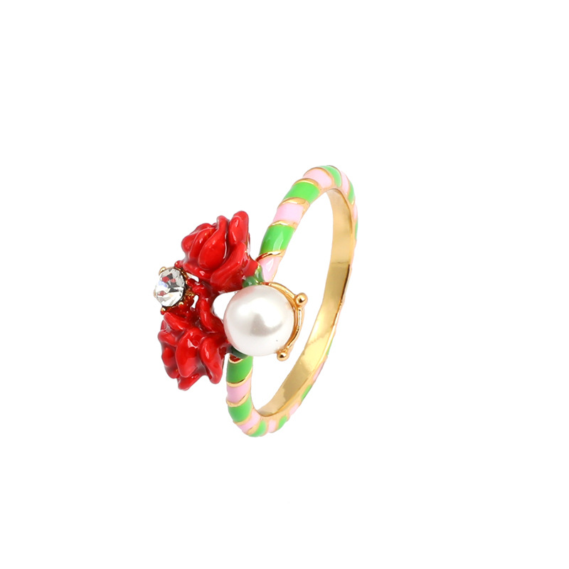 Hand Painted Enamel Glaze Red Flower Pearl Ring