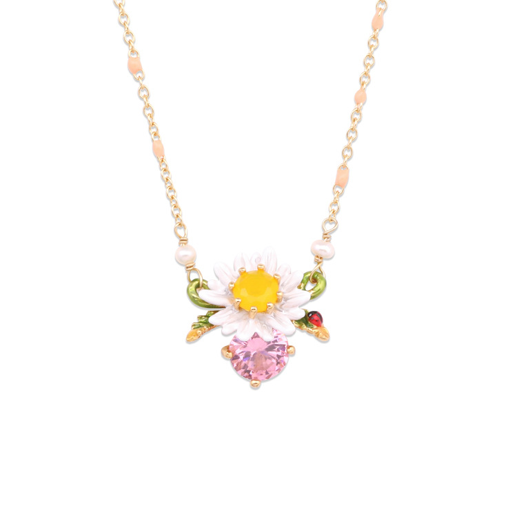 Hand Painted Enamel Glaze White Flower Necklace Jewelry