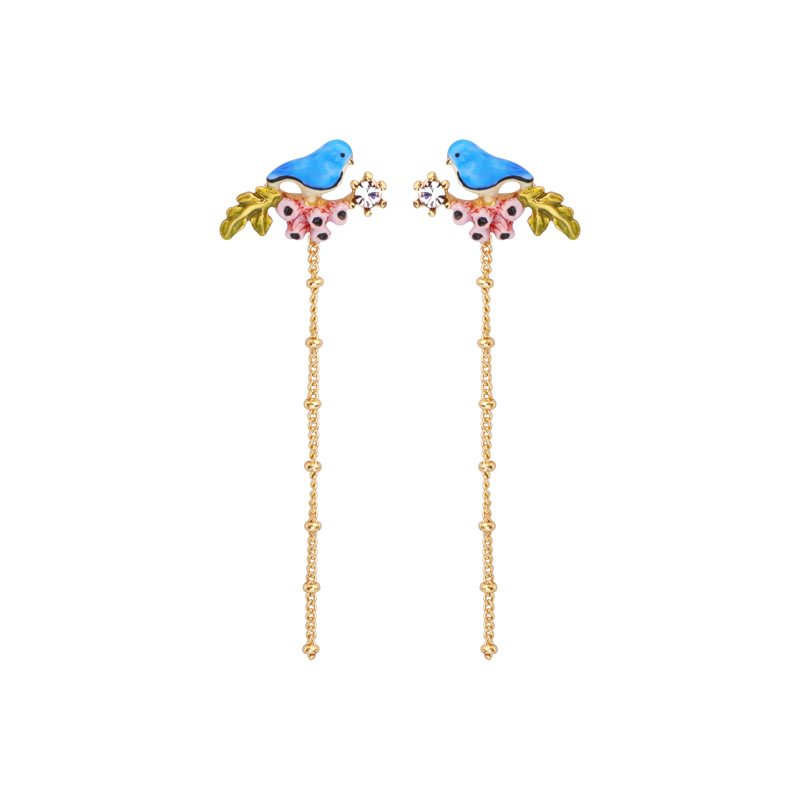 Flower And Blue Stone Tassel Pendant Enamel Necklace