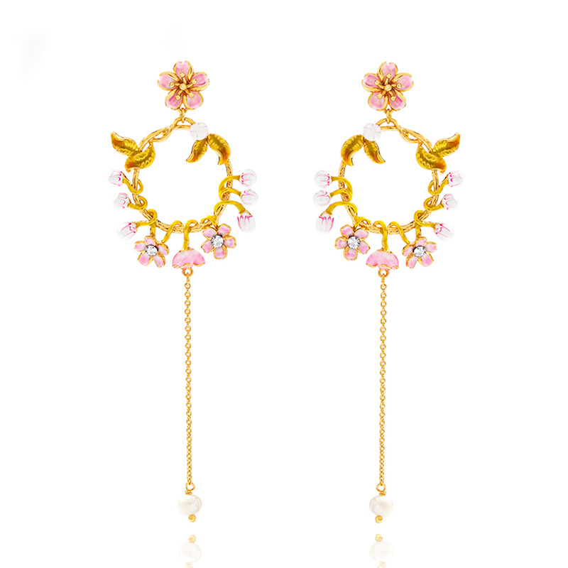 Cherry Blossom Flower Pearl Tassel Enamel Dangle Earrings