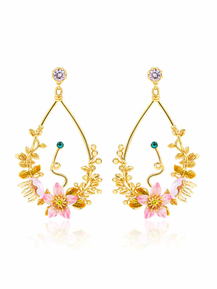 Pink Flower And Crystal Enamel Dangle Earrings Jewelry Gift