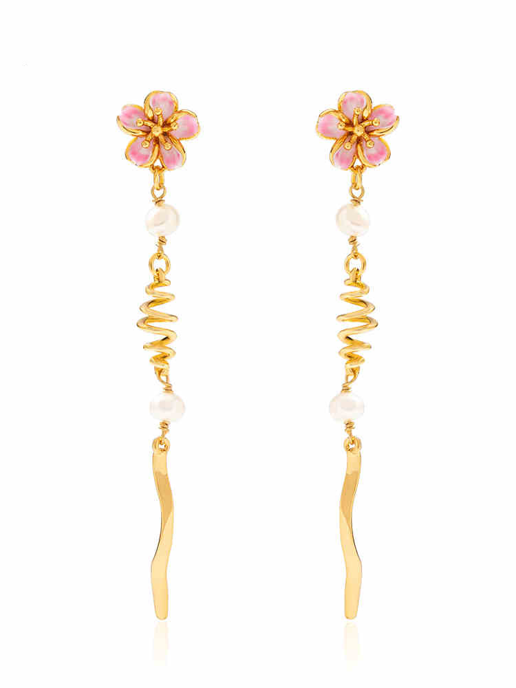 Pink Rose Flower Tassel Enamel Stud Earrings