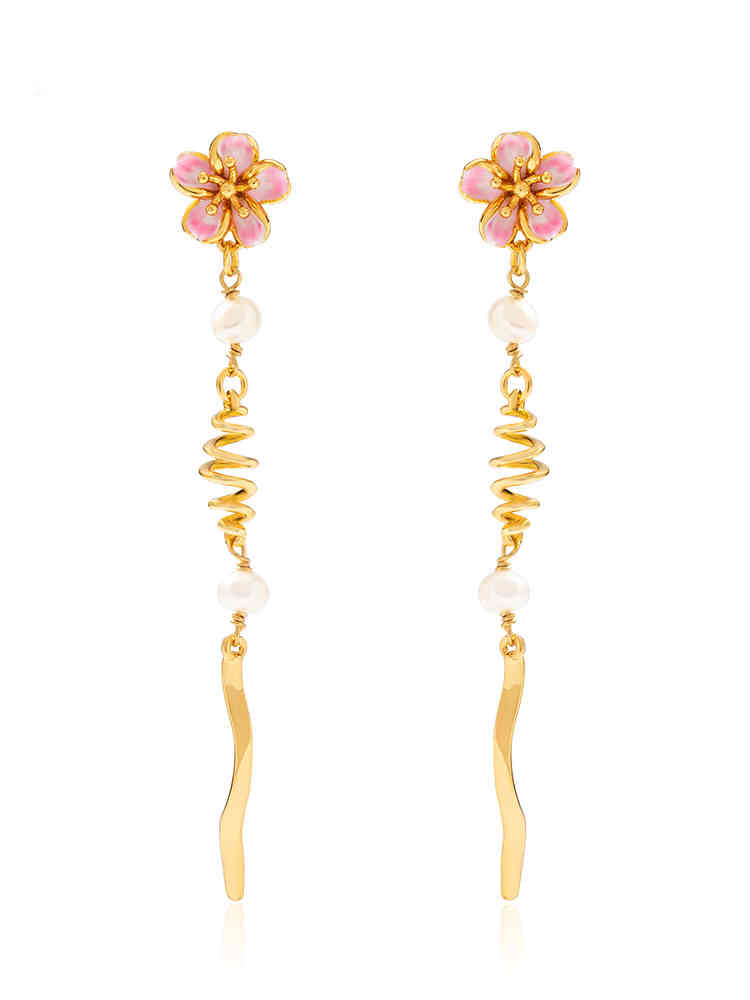 Cherry Blossom Flower Tassel And Pearl Enamel Dangle Earrings