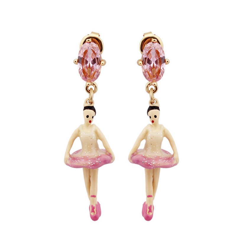 Pink Ballerina and Crystal Enamel Earrings