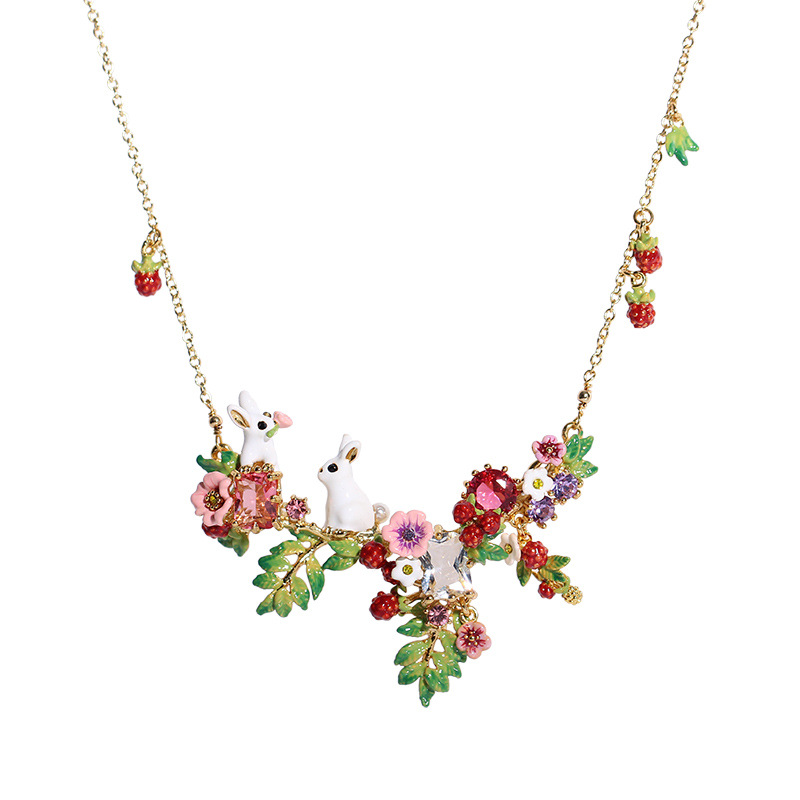 Rabbit Bunny On A Flowering Branch And Crystal Enamel Necklace