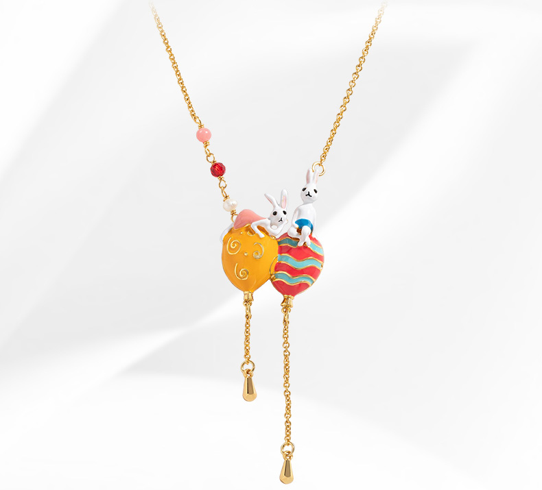 Rabbit Bunny Balloon Tassel Enamel Necklace