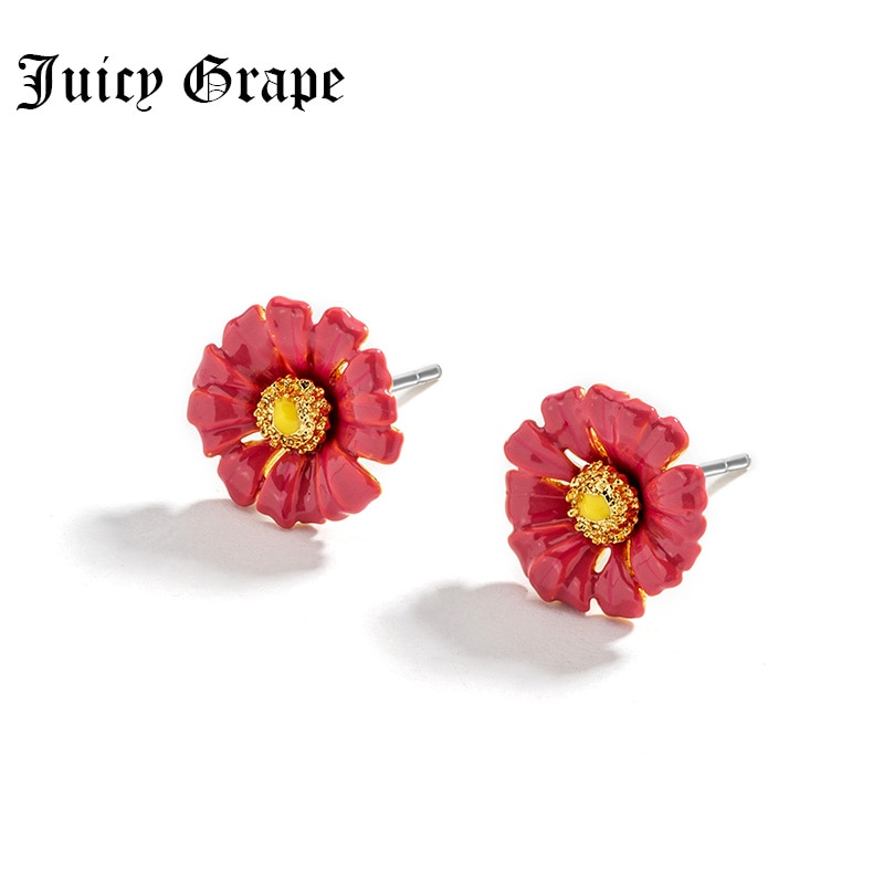 Hand Painted Enamel Glazed Red Flower Stud Clip Earrings Gold Plated