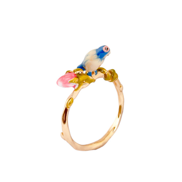 Rose Bud Flower And Bird Tit Enamel Ring Jewelry Gift