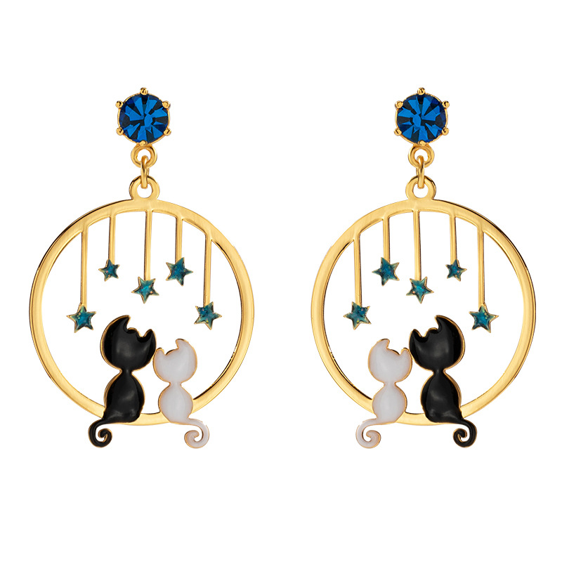 Starry Sky Cat Kitty Kitten Enamel Stud Earrings
