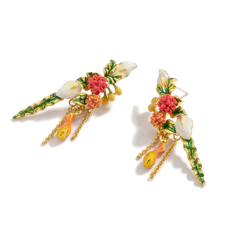 Orange Red Flower Bud Tassel And Green Leaf Enamel Dangle Earrings Jewelry Gift
