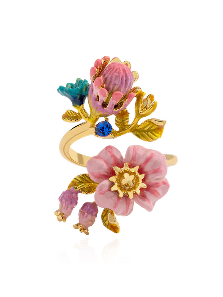 Pink Flower Bud And Crystal Enamel Adjustable Ring