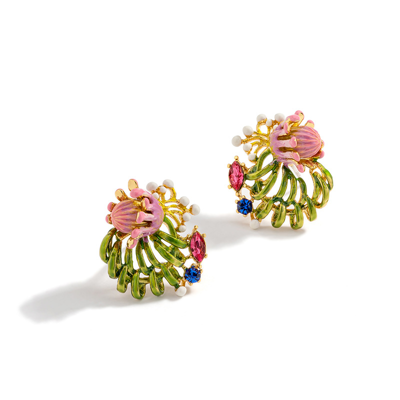 Pink Flower And Crystal  Enamel Stud Earrings Jewelry Gift