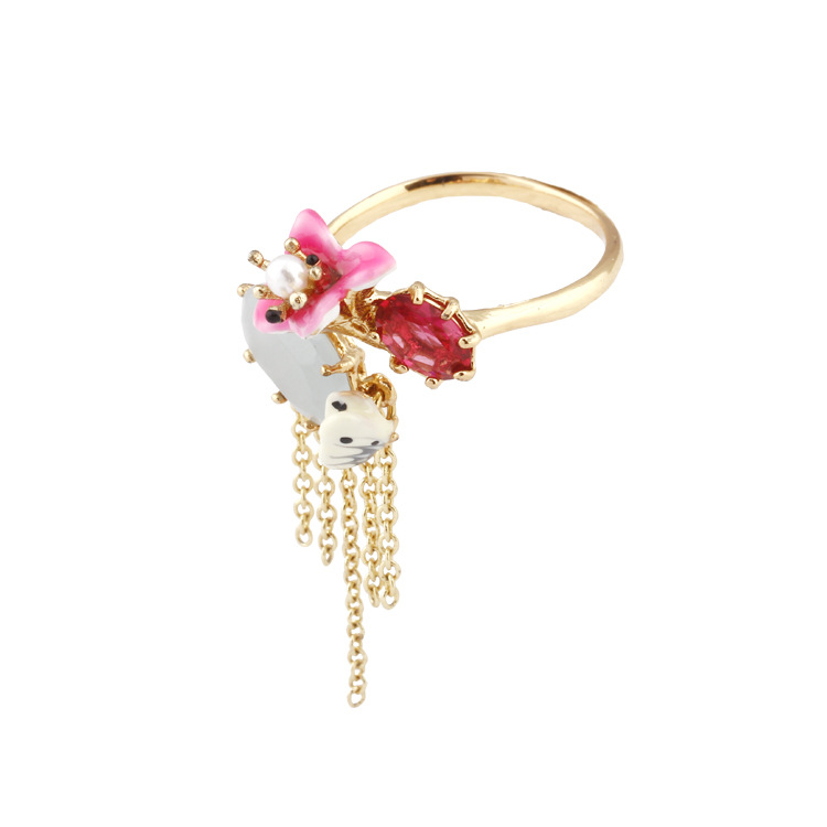 Hand Painted Enamel Little Pink Flower Tassel White Bear Ring Adjustable Size