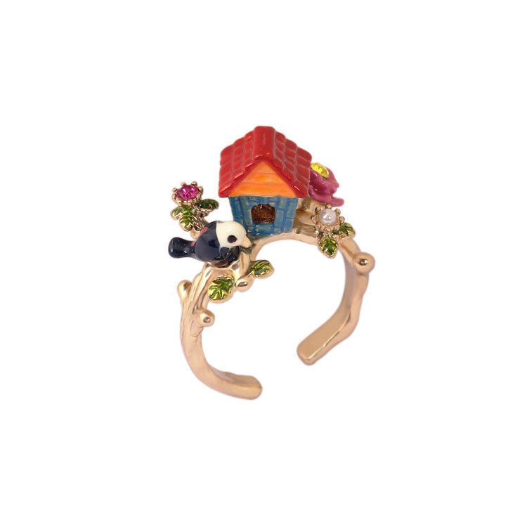 Tree House And Bird Enamel Adjustable Ring Jewelry Gift
