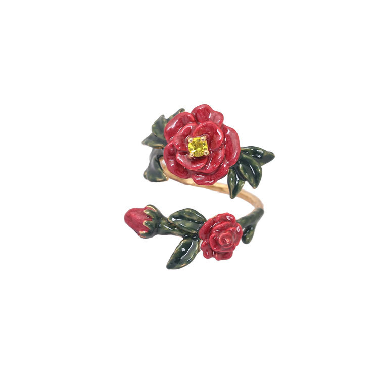 Hand Painted Enamel Pink Red Flower Inlay Zircon Stone Ring Adjustable Size